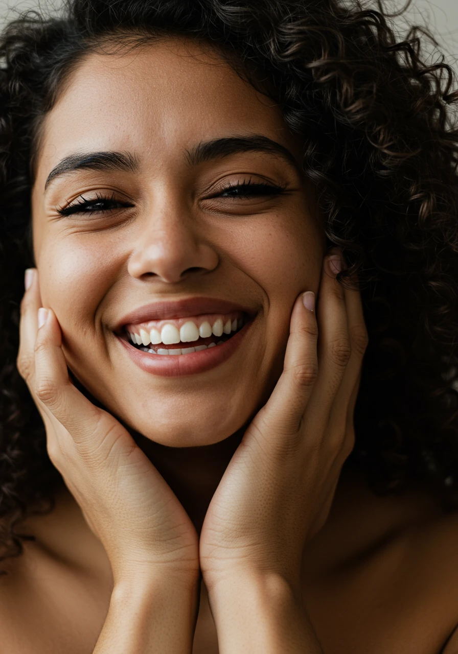 Close-up of a happy woman laughing and holding her face