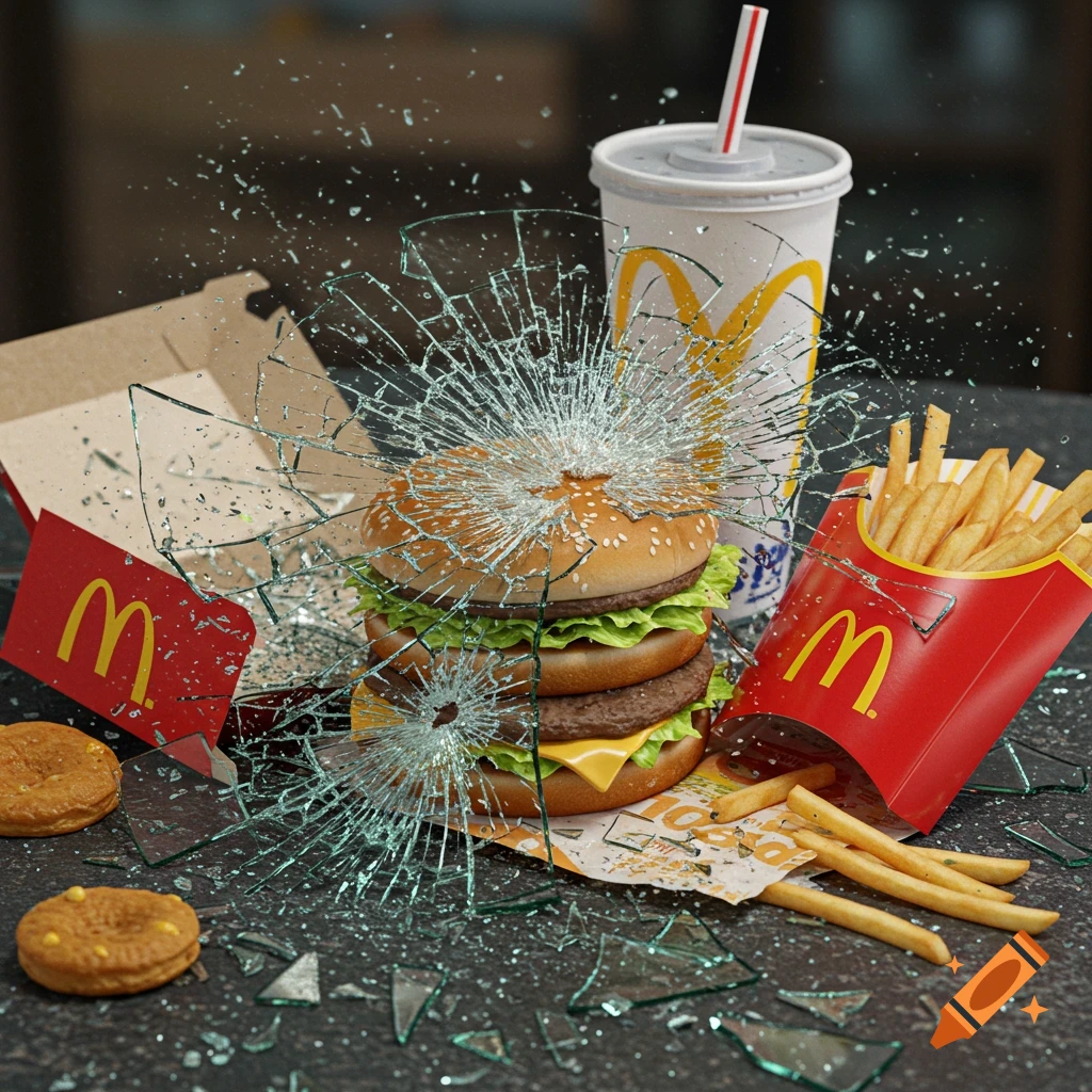 McDonald's order with broken glass all over it, photographed in realistic setting. Indicates potential safety hazard and contamination of food product due to broken glass, contrasting the intended quality and safety of a fast-food meal. McDonald's and glass shards are clearly visible in the image, depicting a visually jarring scene with identifiable brand elements involved in unsafe situation. This suggests a disruption in quality control or an unexpected incident impacting the presentation and ...
