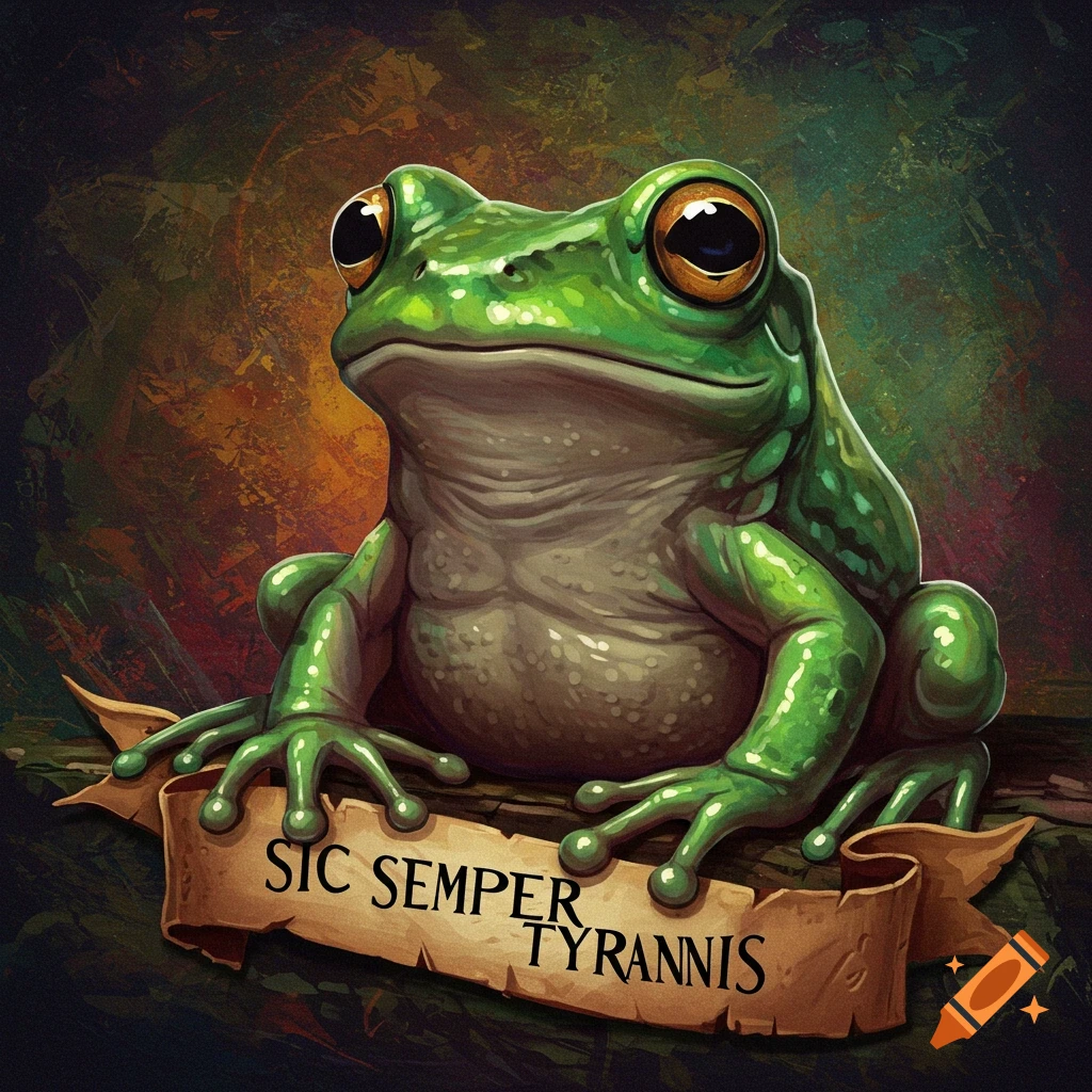 Frog with the phrase 'sic semper tyrannis'