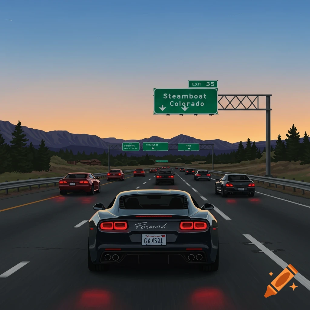 Clipart of sports cars on a highway at sunset with a Steamboat Colorado exit sign