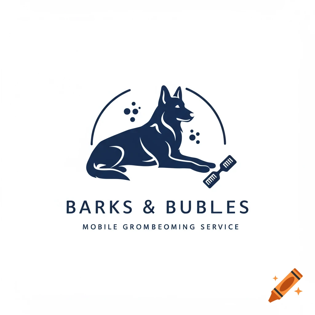 Barks & Bubbles mobile dog grooming logo with German Shepard