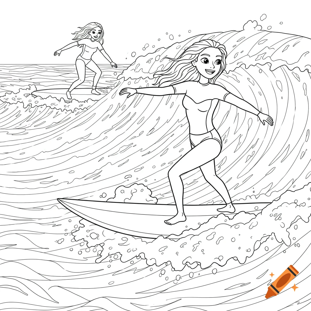 Black and white coloring picture of girl friends surfing