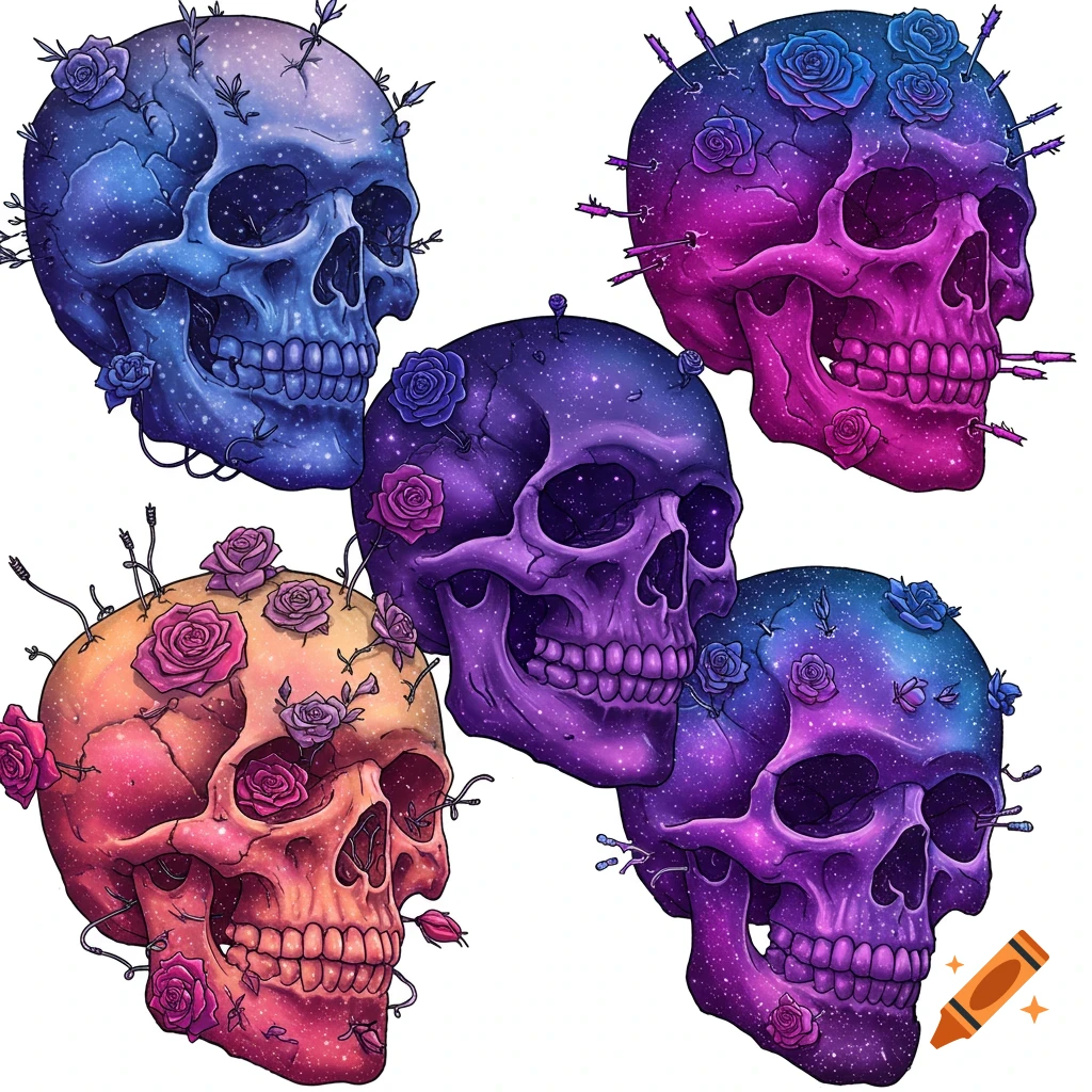 Skulls with barbed wire and roses, galaxy colors, twisted outlook