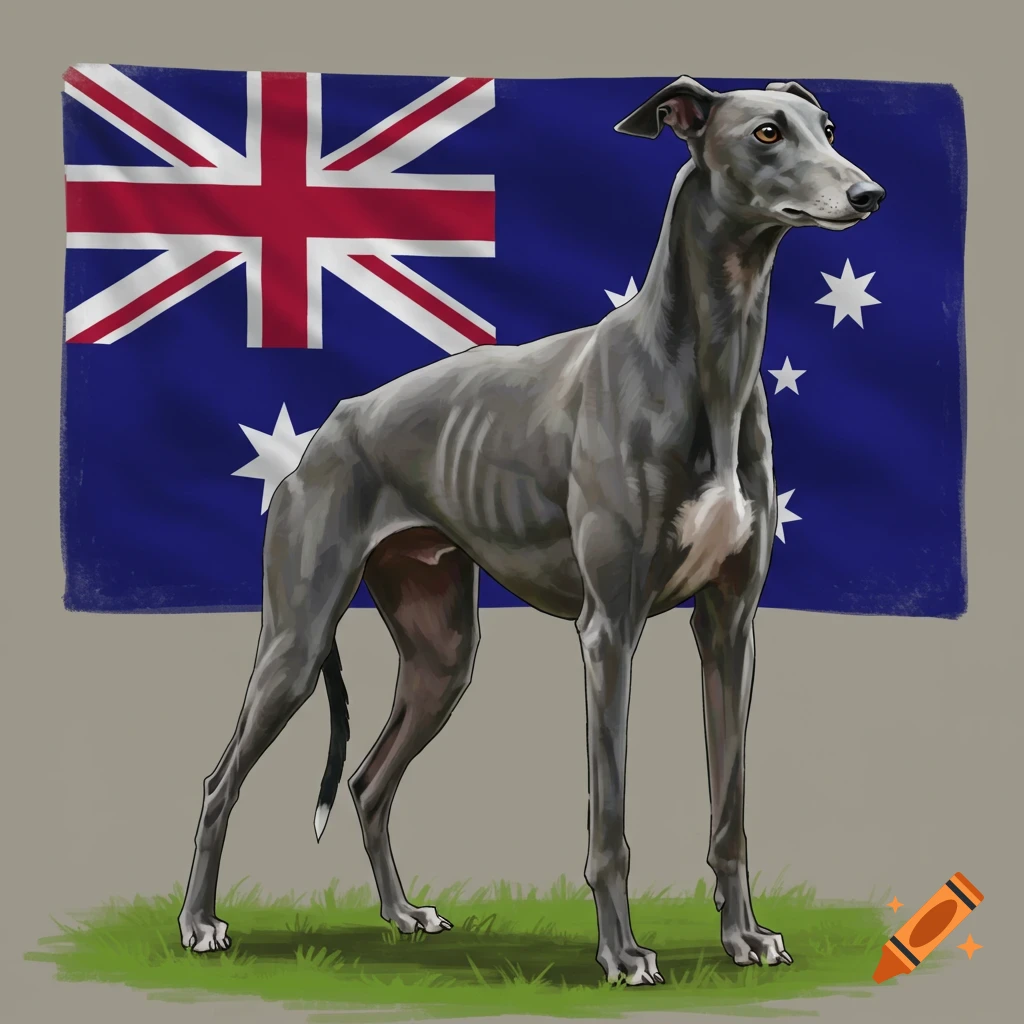 Greyhound dog in front of the Australian flag