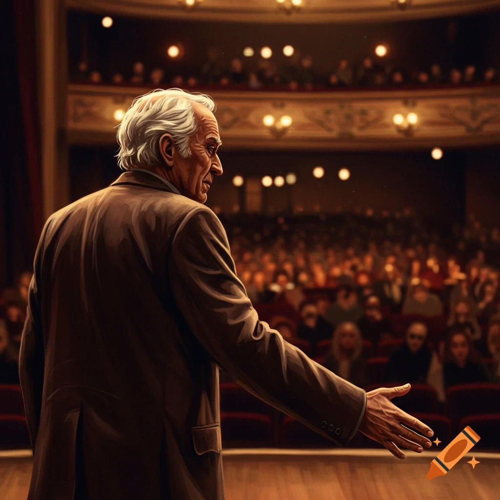 Old man pointing from stage to audience
