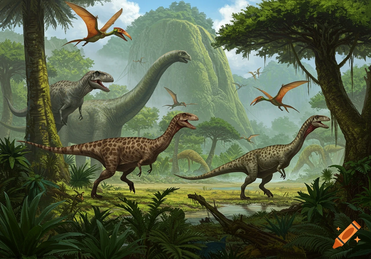 Dinosaurs in a lush prehistoric landscape with a T-Rex in the background