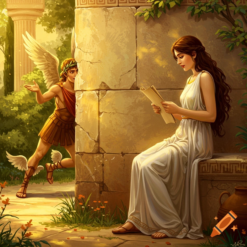 Greek God Hermes looking at a woman from behind a wall