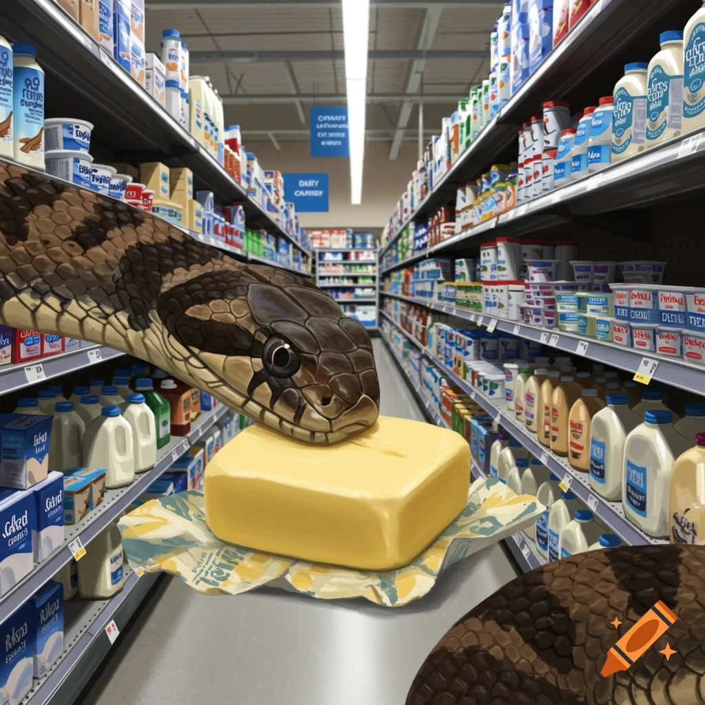 Water moccasin eating butter in Walmart dairy department