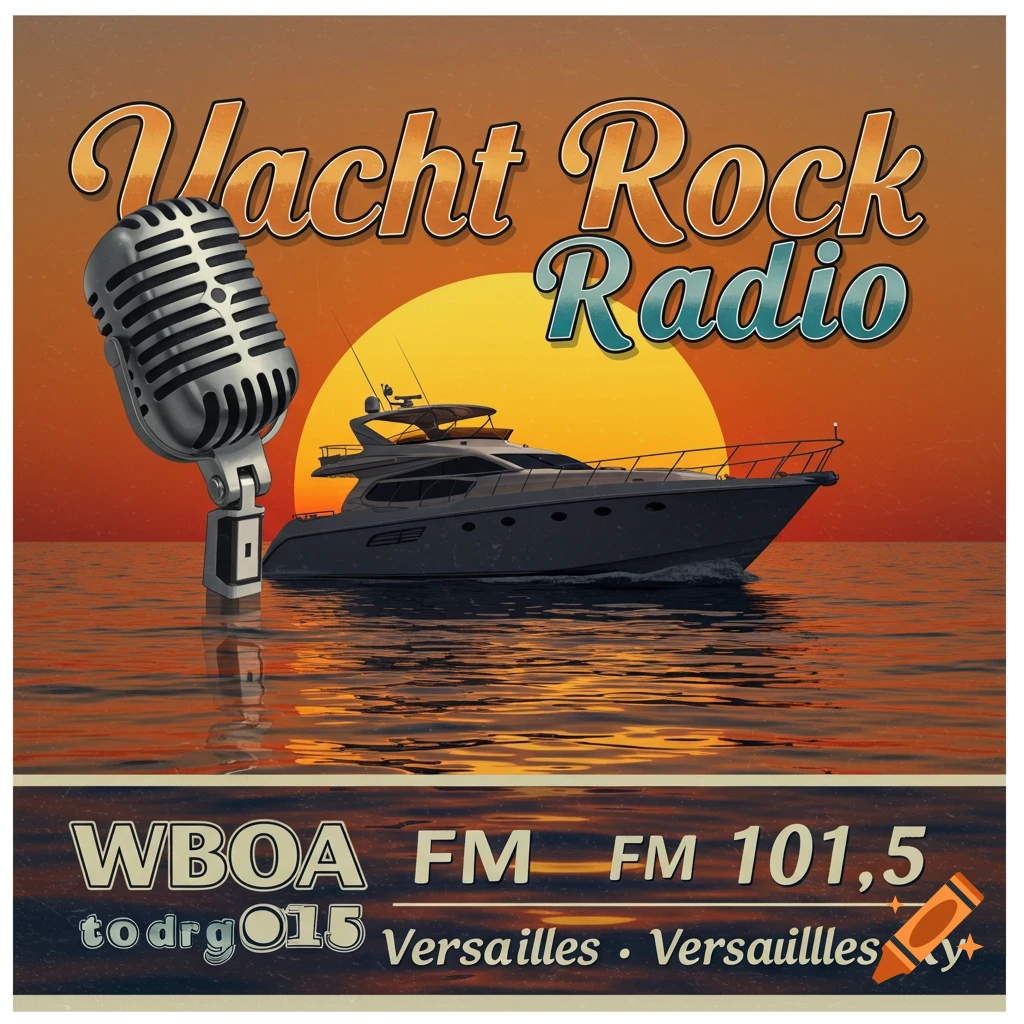 Yacht Rock Radio WBOA FM poster with slogan and frequency details