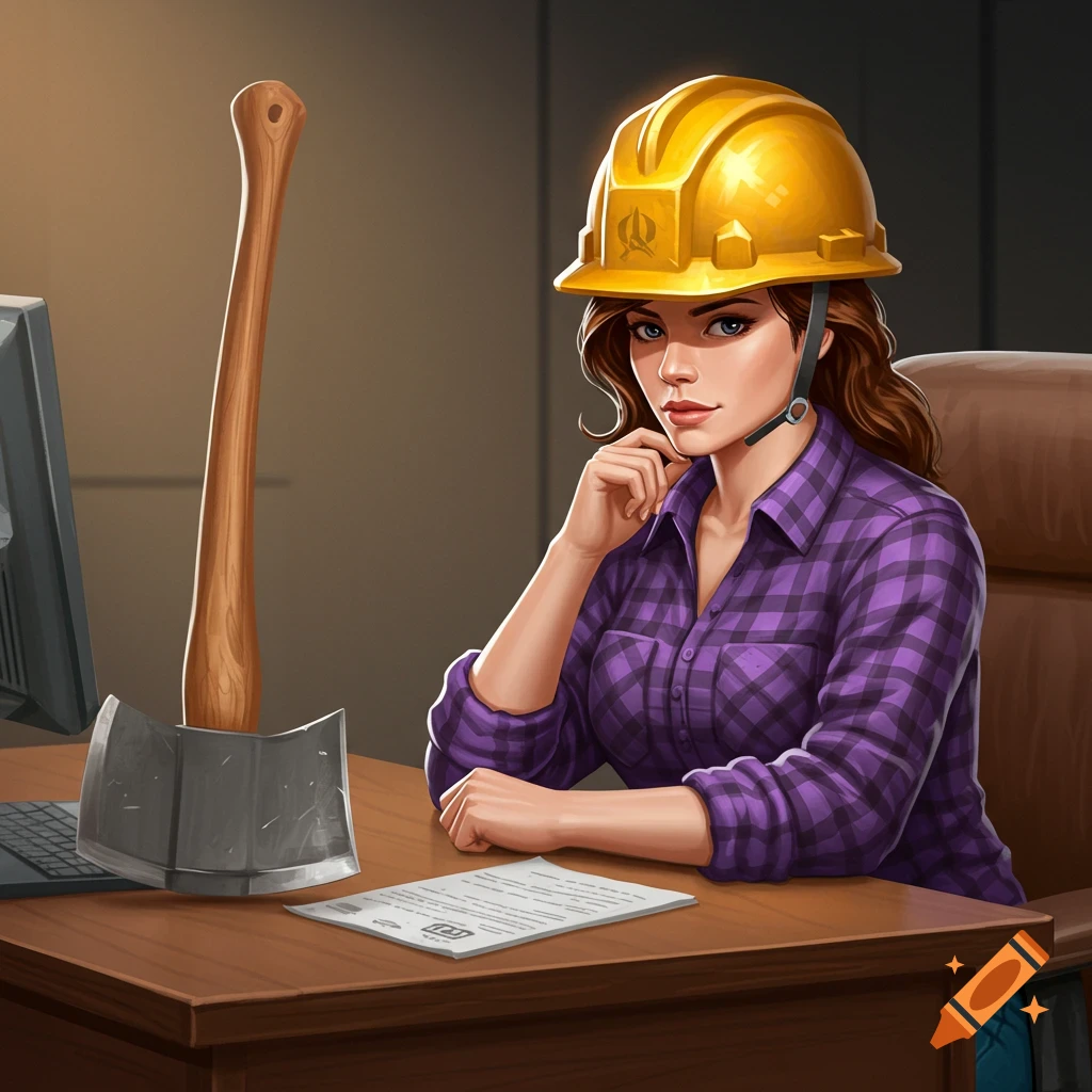 Female logger secretary in purple flannel shirt and yellow construction helmet with axe at desk