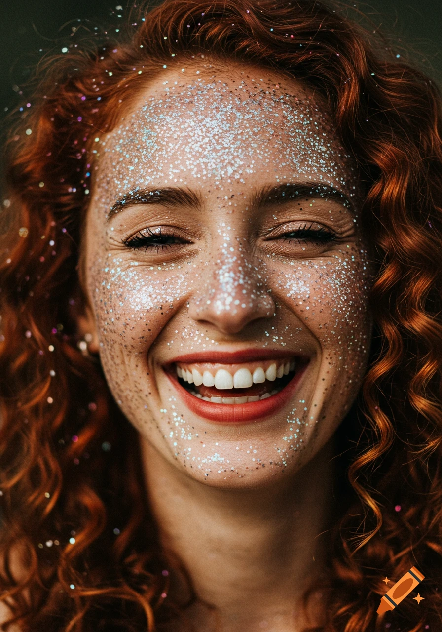 Close up of a laughing woman with glitter