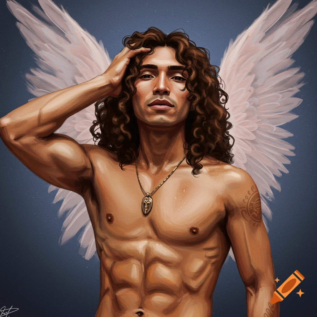 Ethereal Hispanic male with long curly brown hair and toned athletic body.