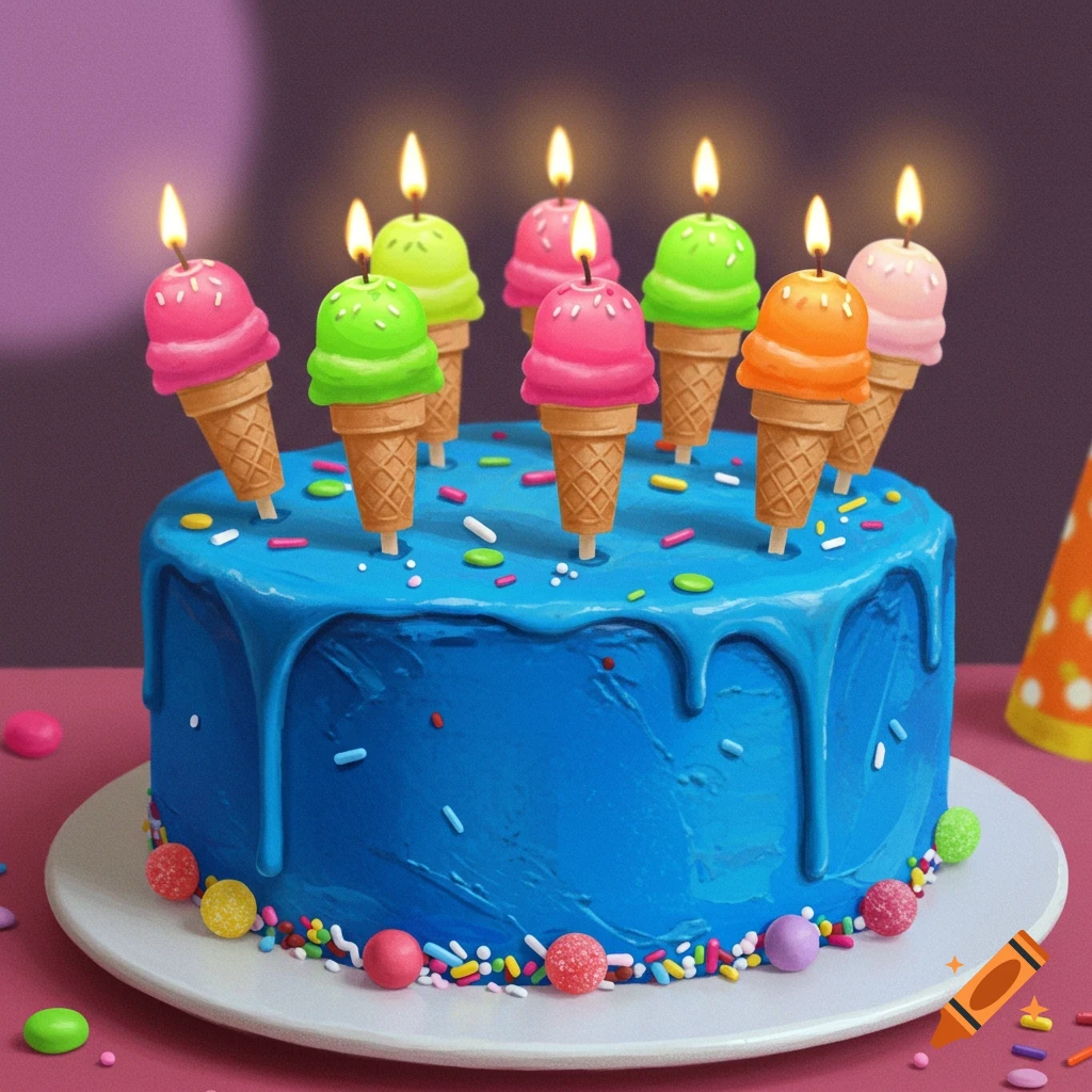 Blue birthday cake with ice cream cone candles