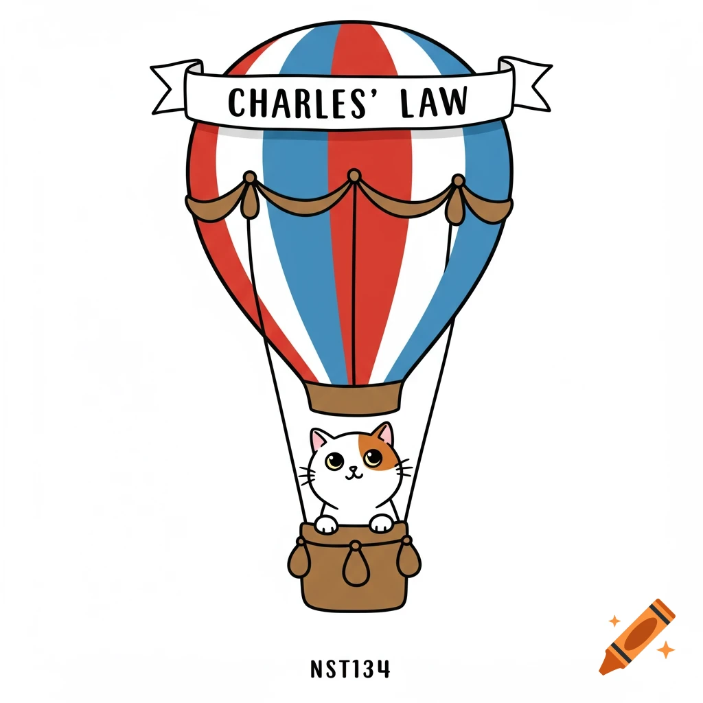 Cute cat with hot air balloon, vector art banner reads Charles' Law
