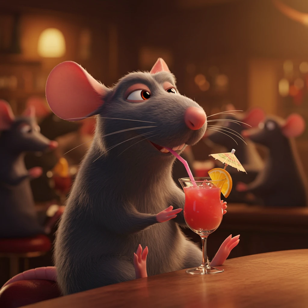 Rat drinking a cocktail, Pixar style