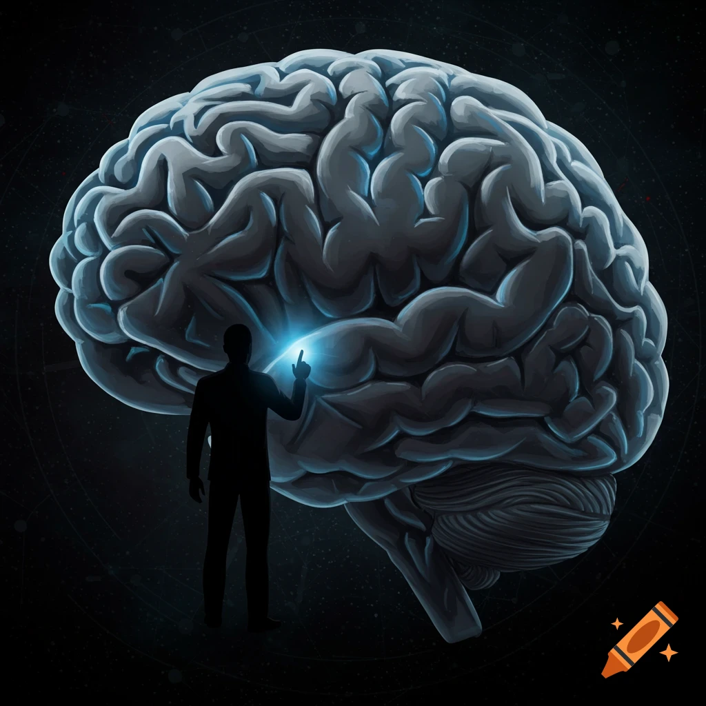 Silhouette of a man pointing at a brain