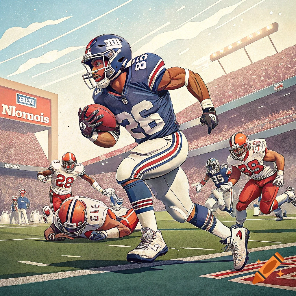 Saquon Barkley running during an American football game in Nintendo style