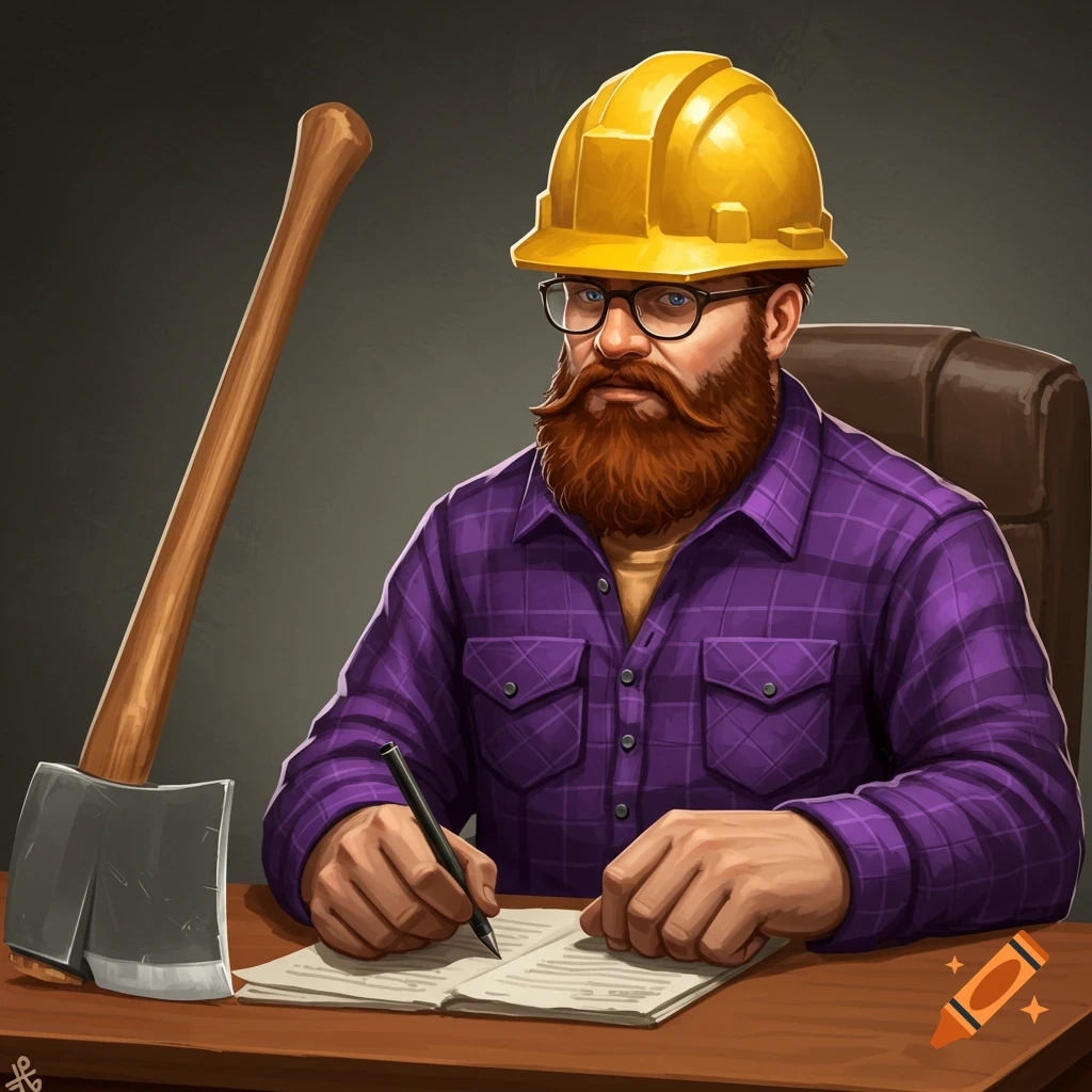 Logger secretary in purple flannel and construction helmet at desk with axe