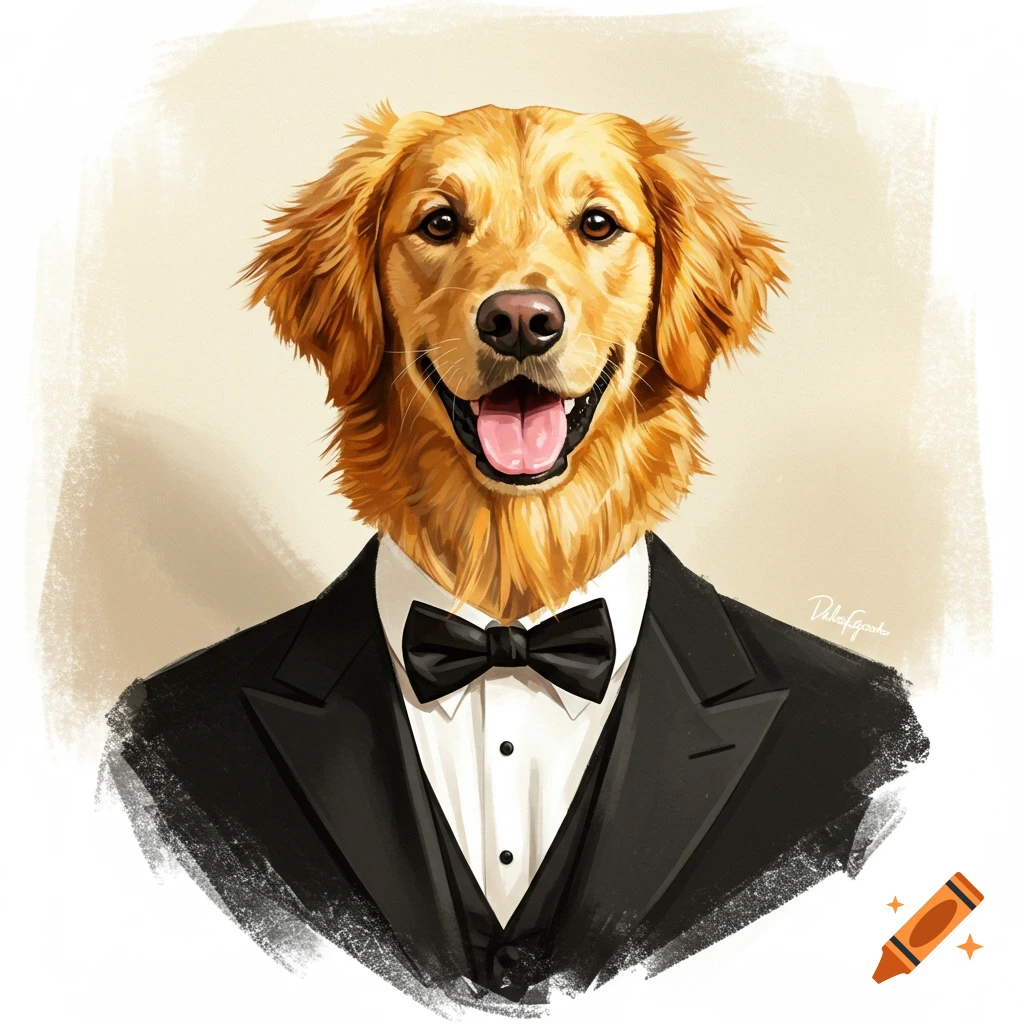 Golden retriever wearing a tuxedo
