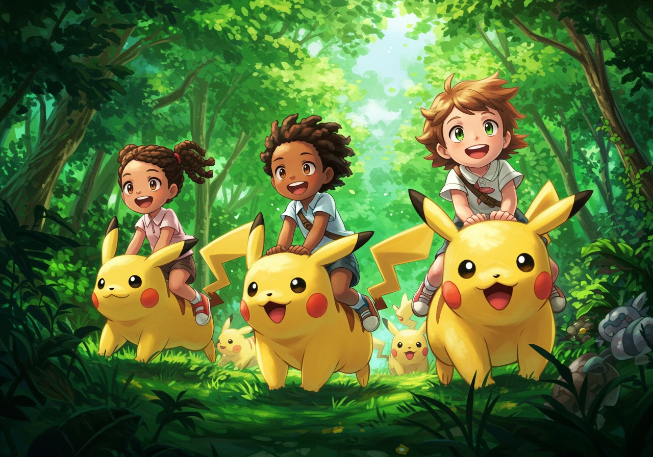 Kids riding Pikachu in a forest
