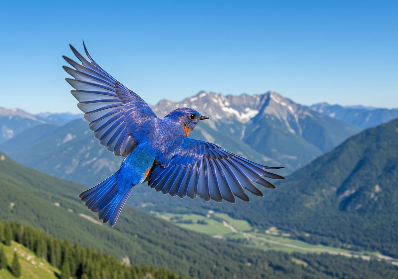 Bluebird in flight with mountain backdrop