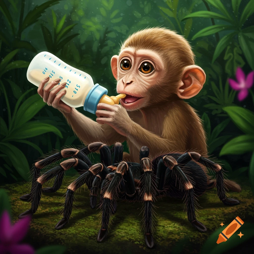 Baby monkey bottle feeding a tarantula