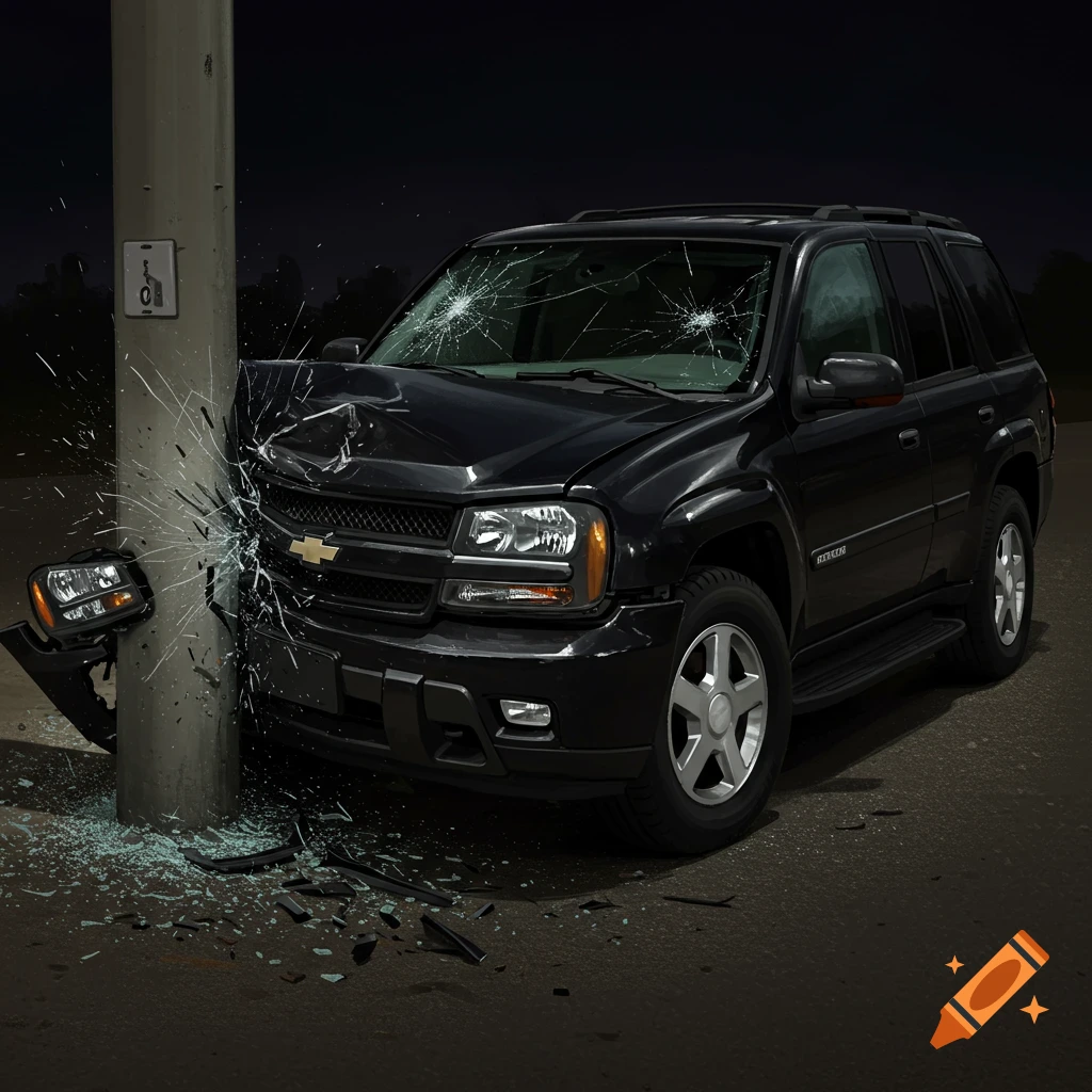 Black 2008 Chevy Trailblazer crashed into a pole