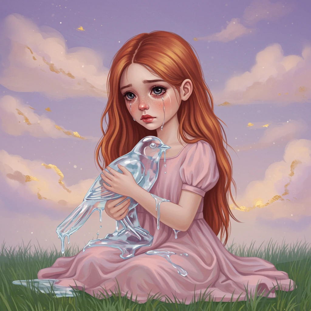 Girl crying holding bird ice sculpture