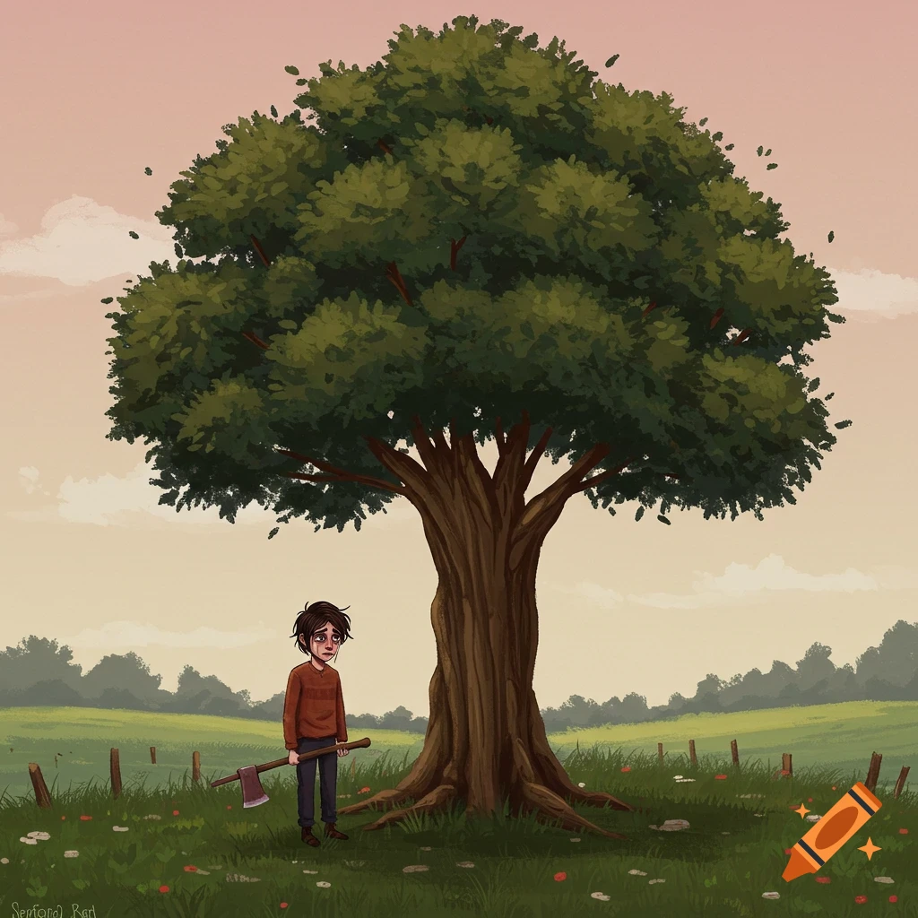 Sad person unable to cut down tree