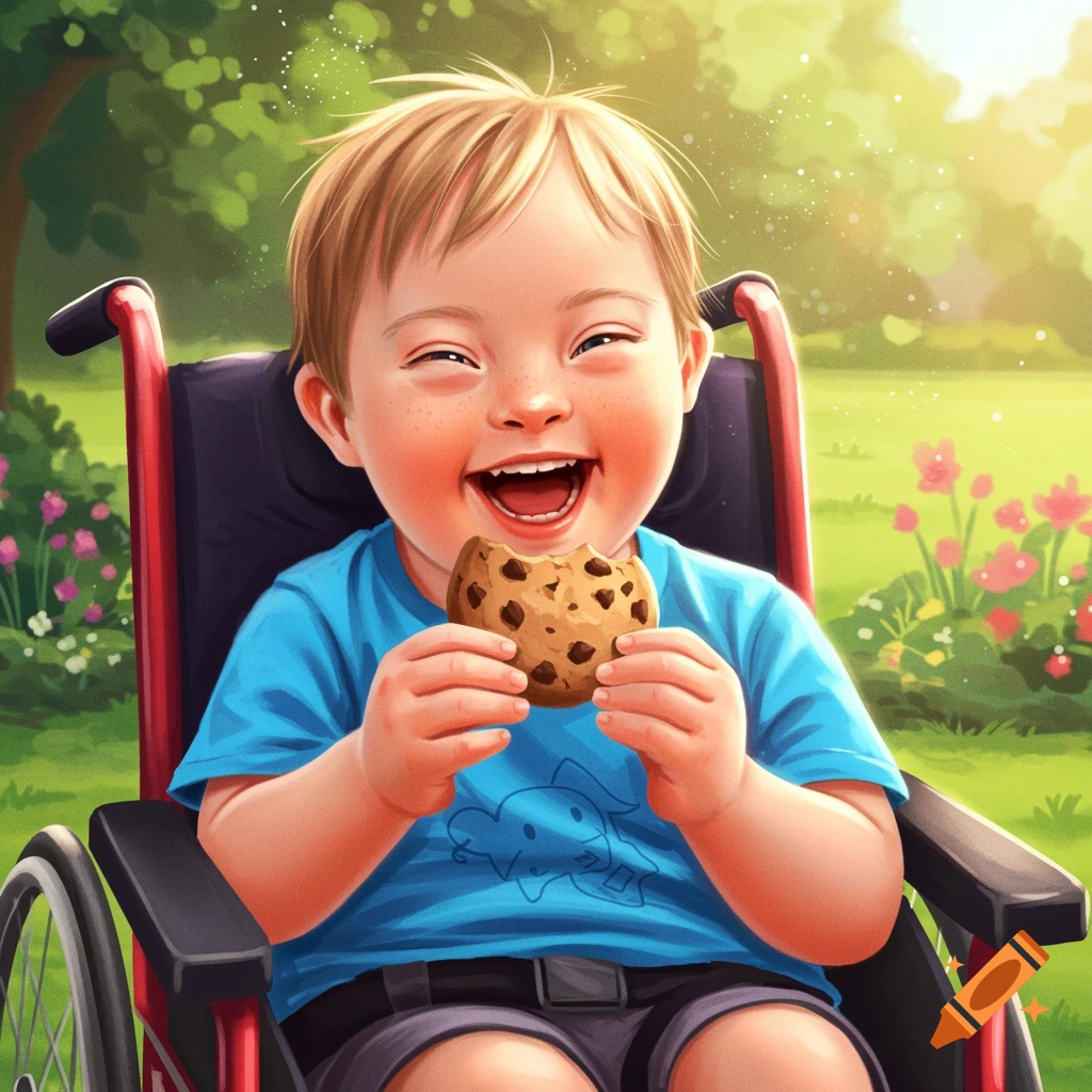 Joyful kid with Down syndrome in wheelchair holding cookie