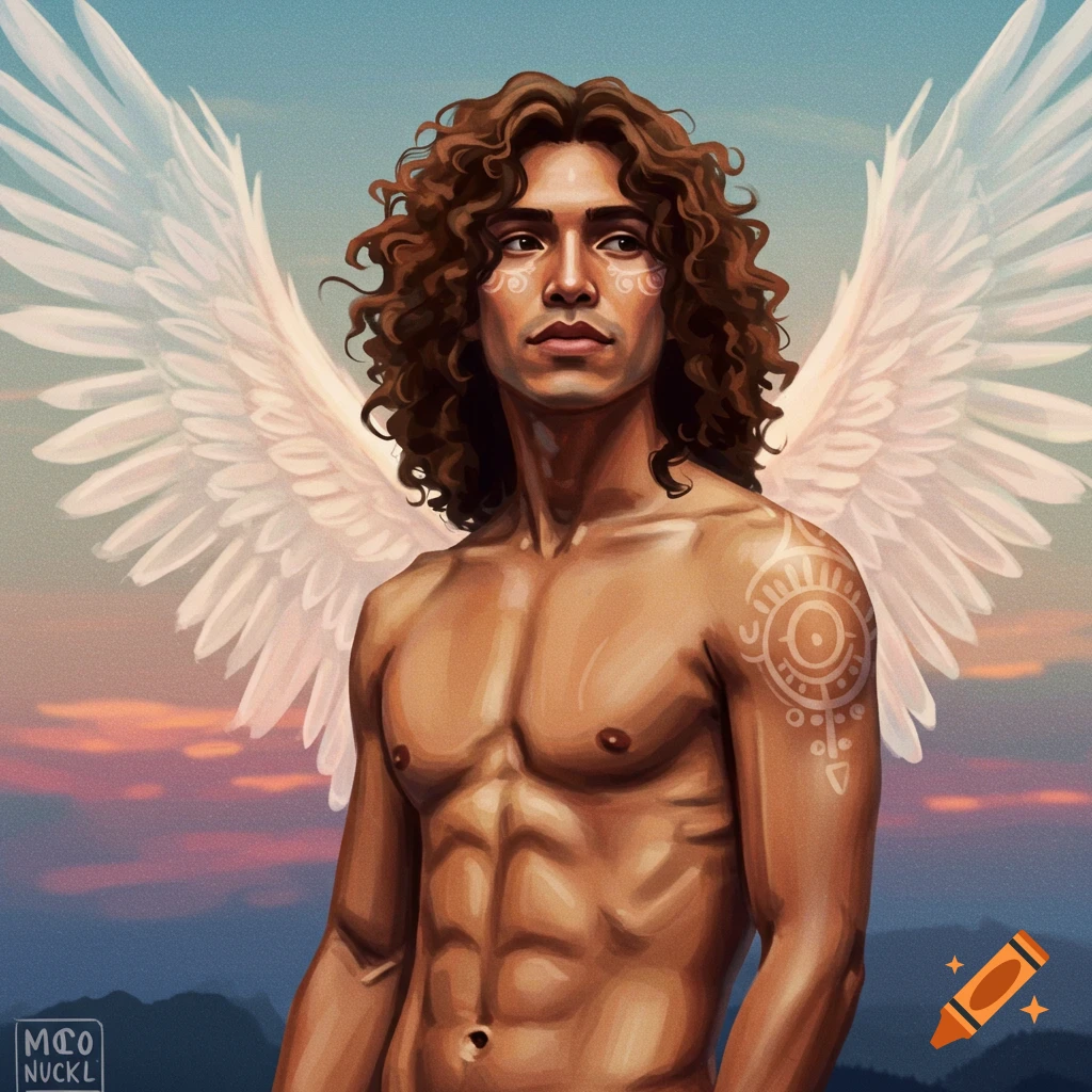 Ethereal Hispanic male with long curly brown hair and toned athletic body.