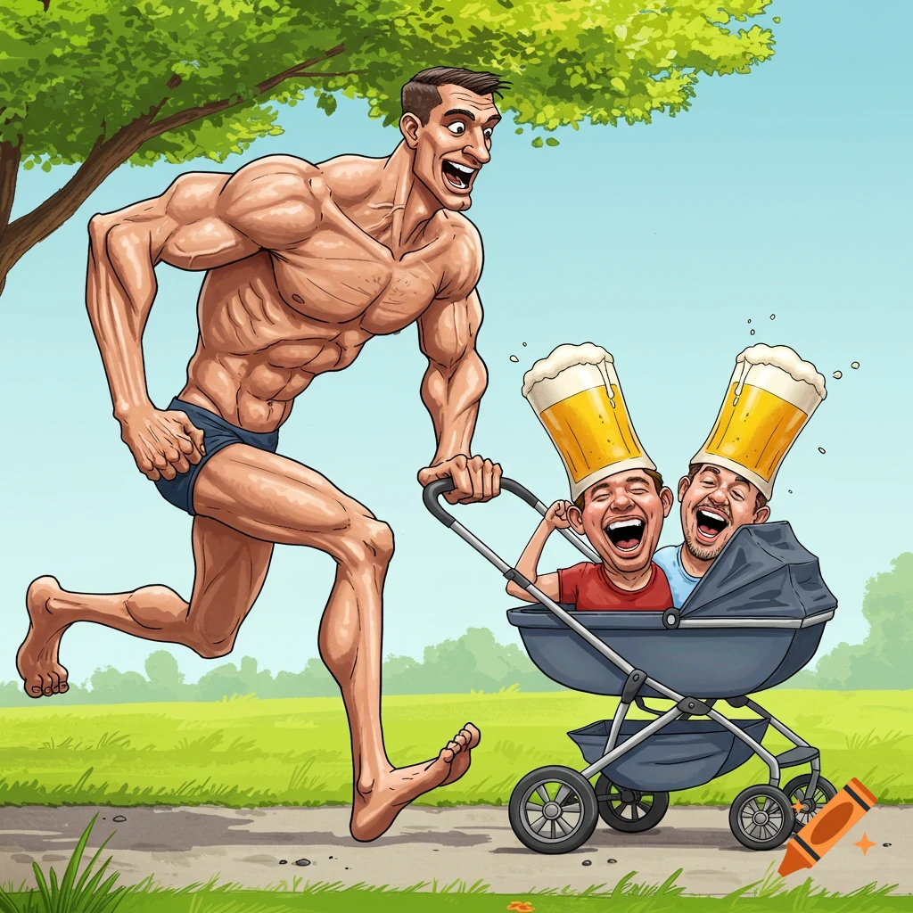 Strong man running with stroller containing men in beer hats