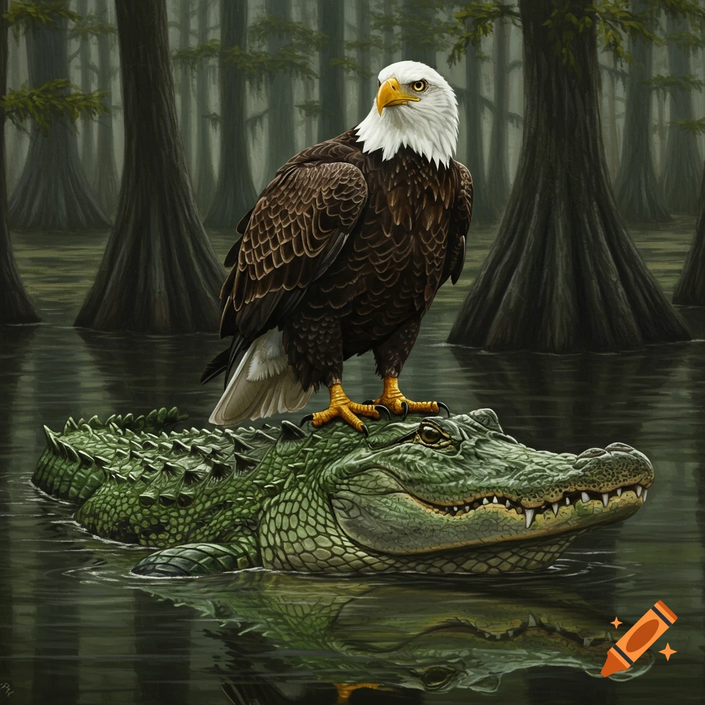Bald eagle riding an alligator
