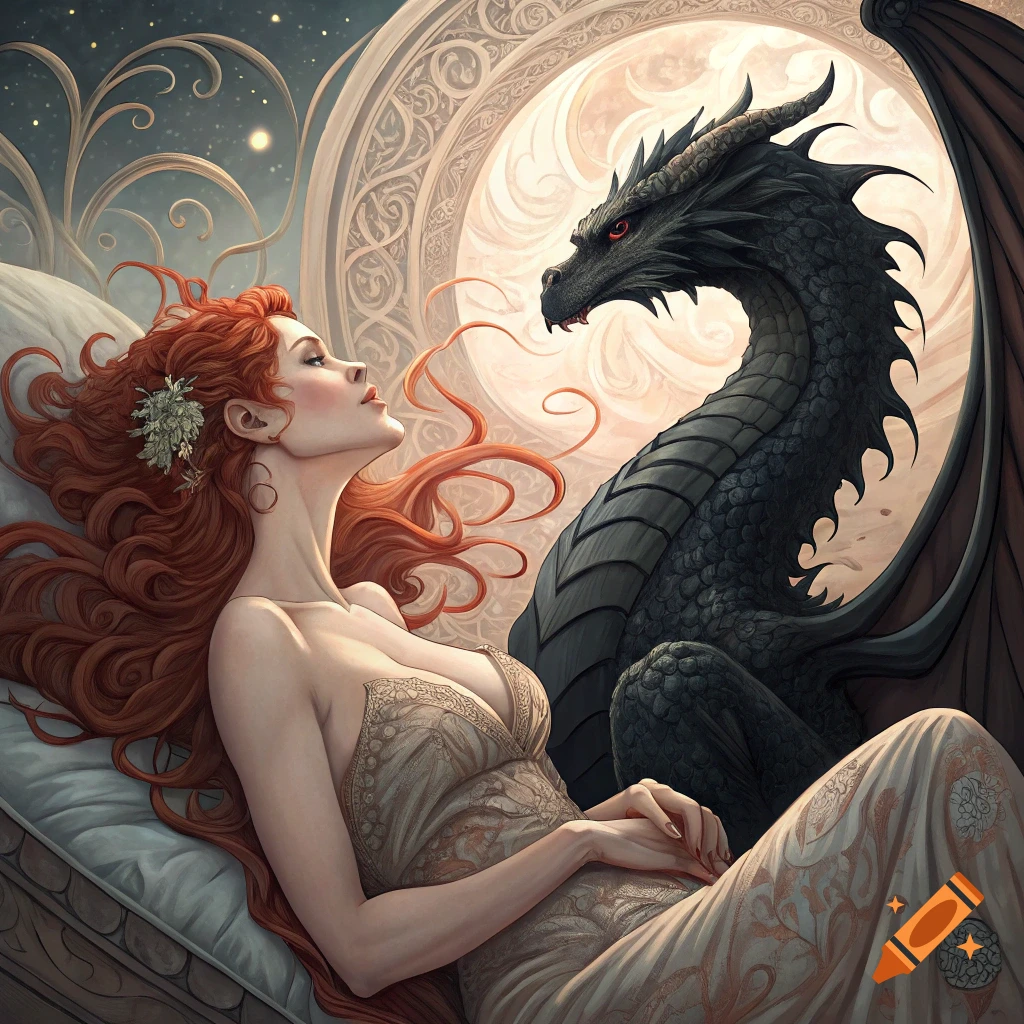 Detailed Sensual art nouveau painting of a beautiful volumptous noblewoman with red hair, lounging naked alongside an admiring majestic black dragon