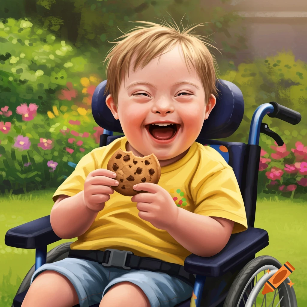 Joyful kid with Down syndrome in wheelchair holding cookie