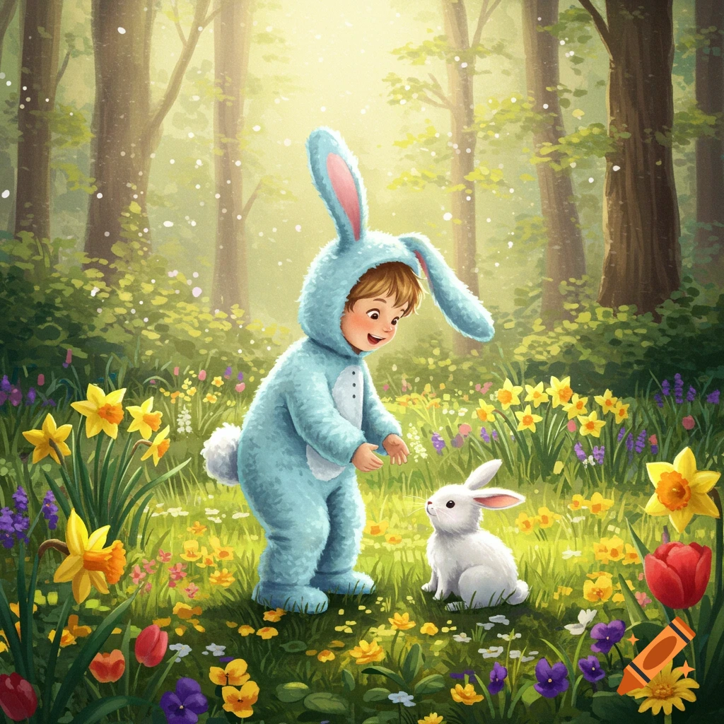 Boy in bunny suit with bunny in forest