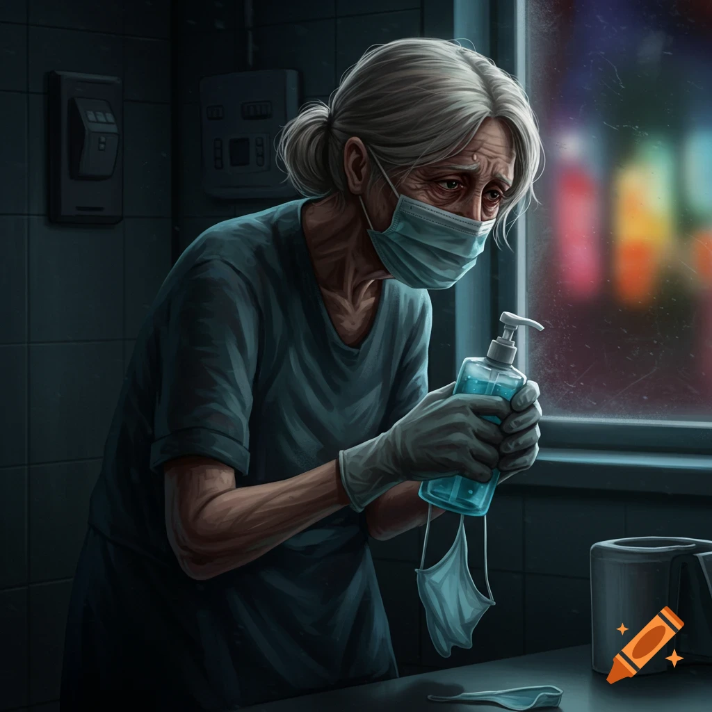 frail woman exhibiting germaphobia