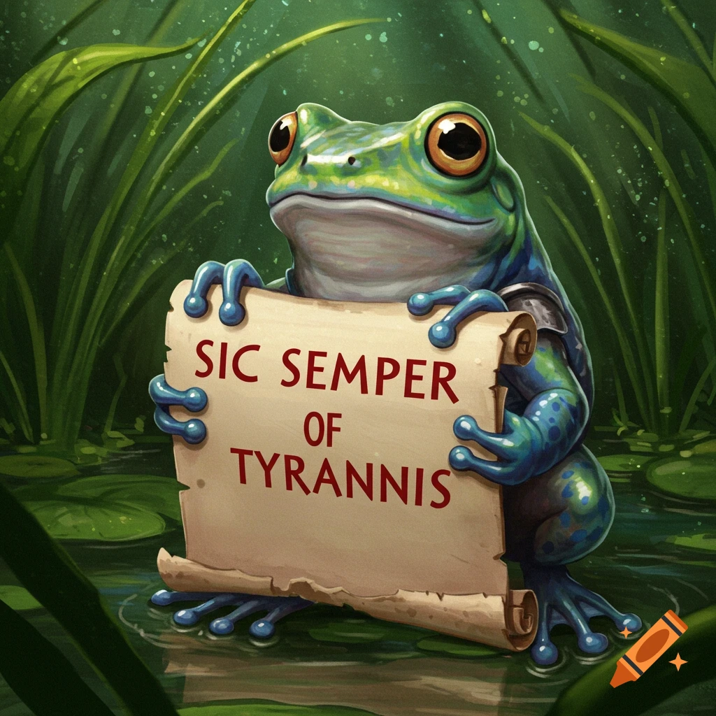 Frog with the phrase 'sic semper tyrannis'