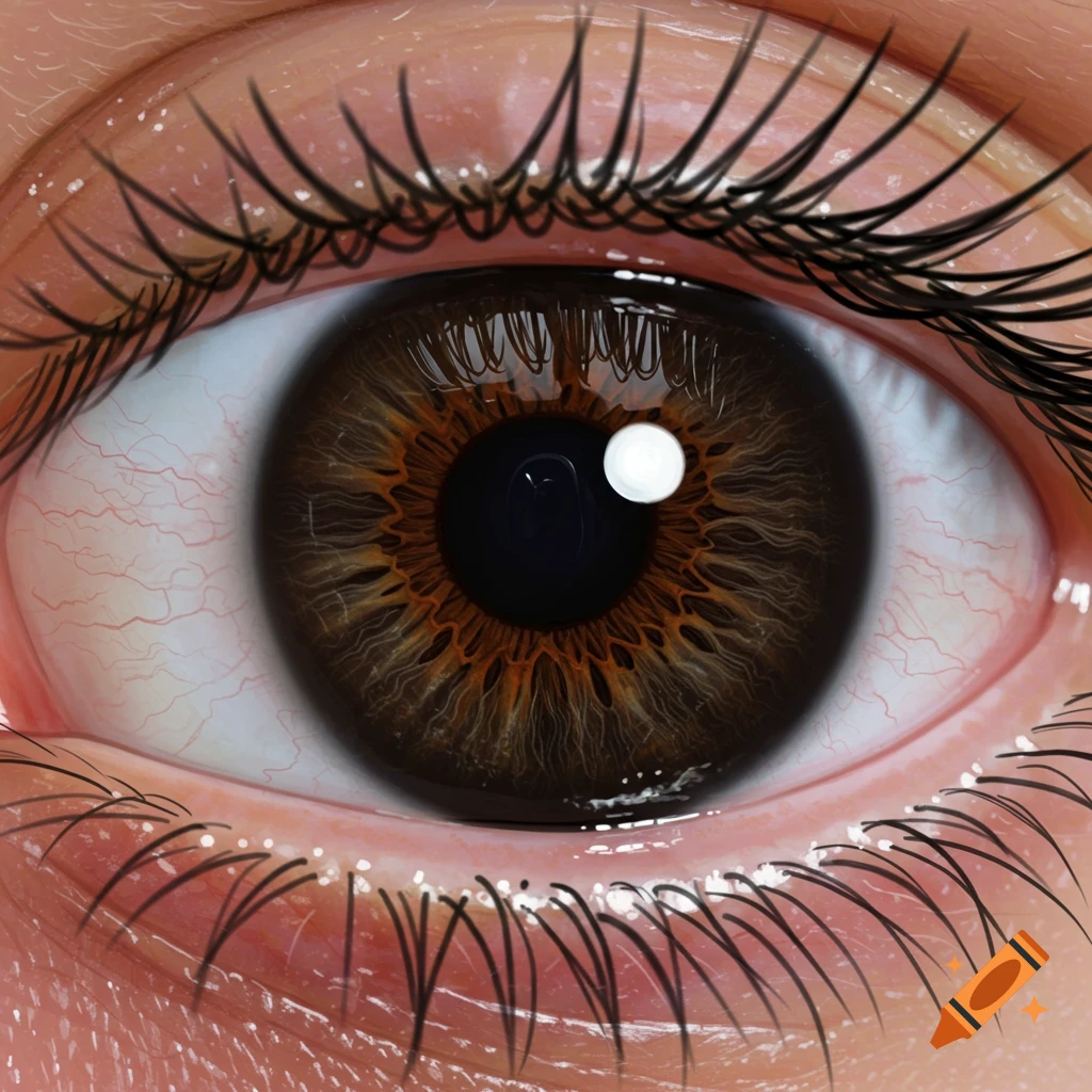 Close-up photorealistic rendering of a dark brown human eye with dilated pupils