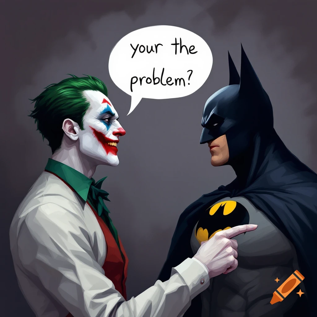 Joker and Batman pointing at each other