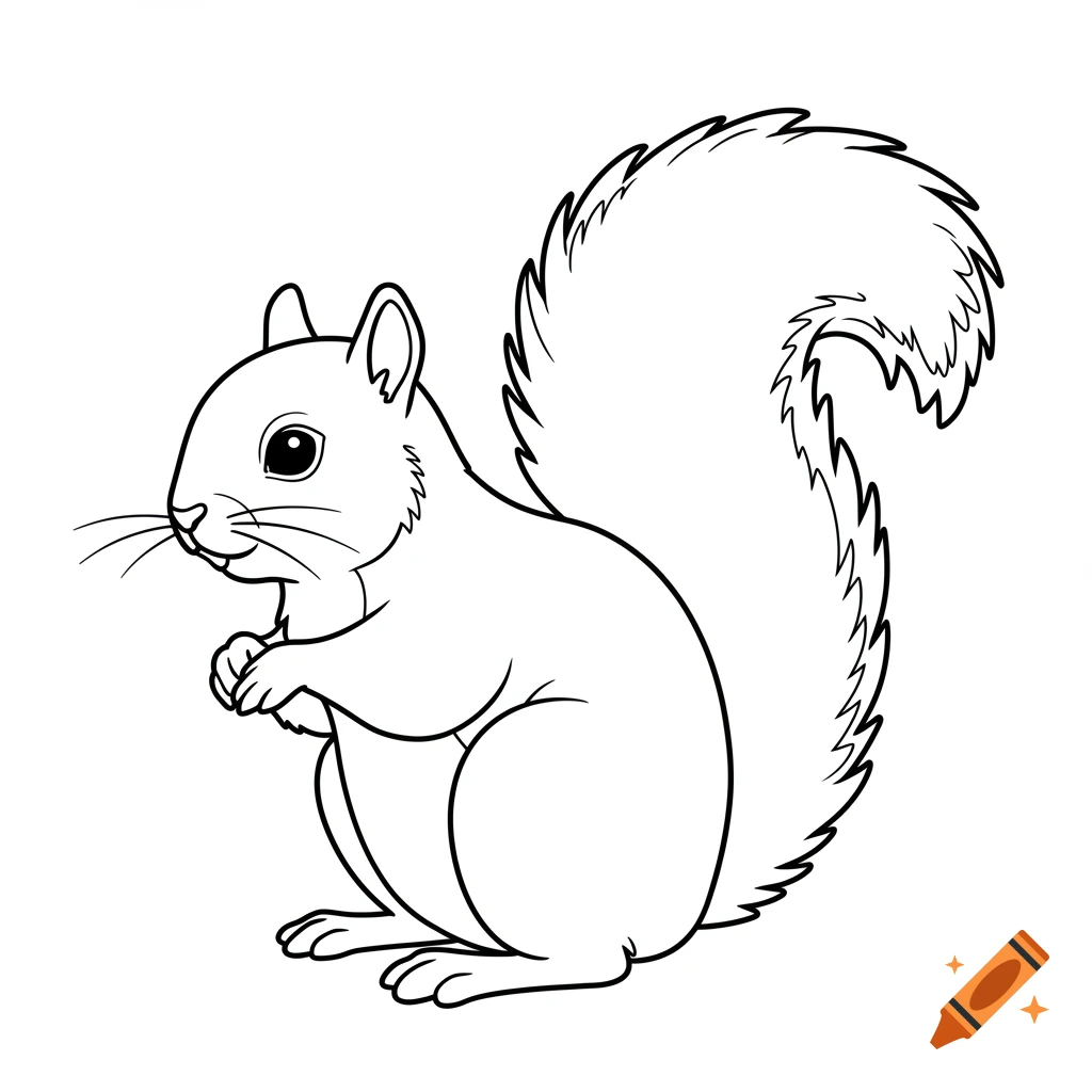 Black and white coloring page of an intrigued squirrel