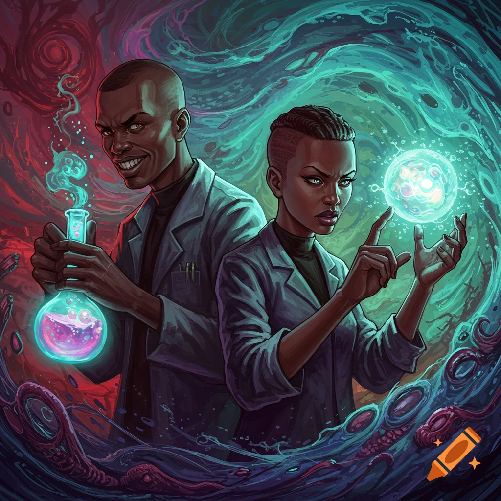 Two evil black scientists surrounded by color