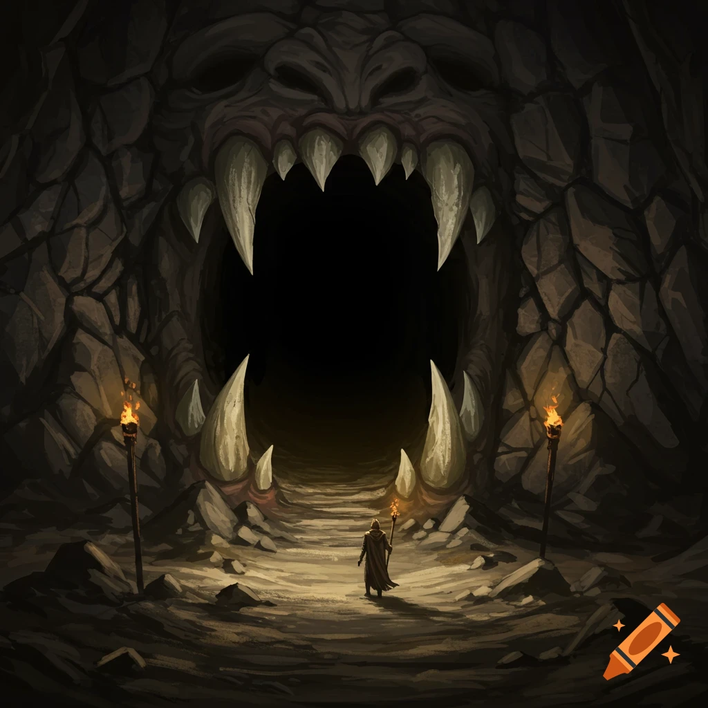 Dark cave entrance with torchlight and jagged stone