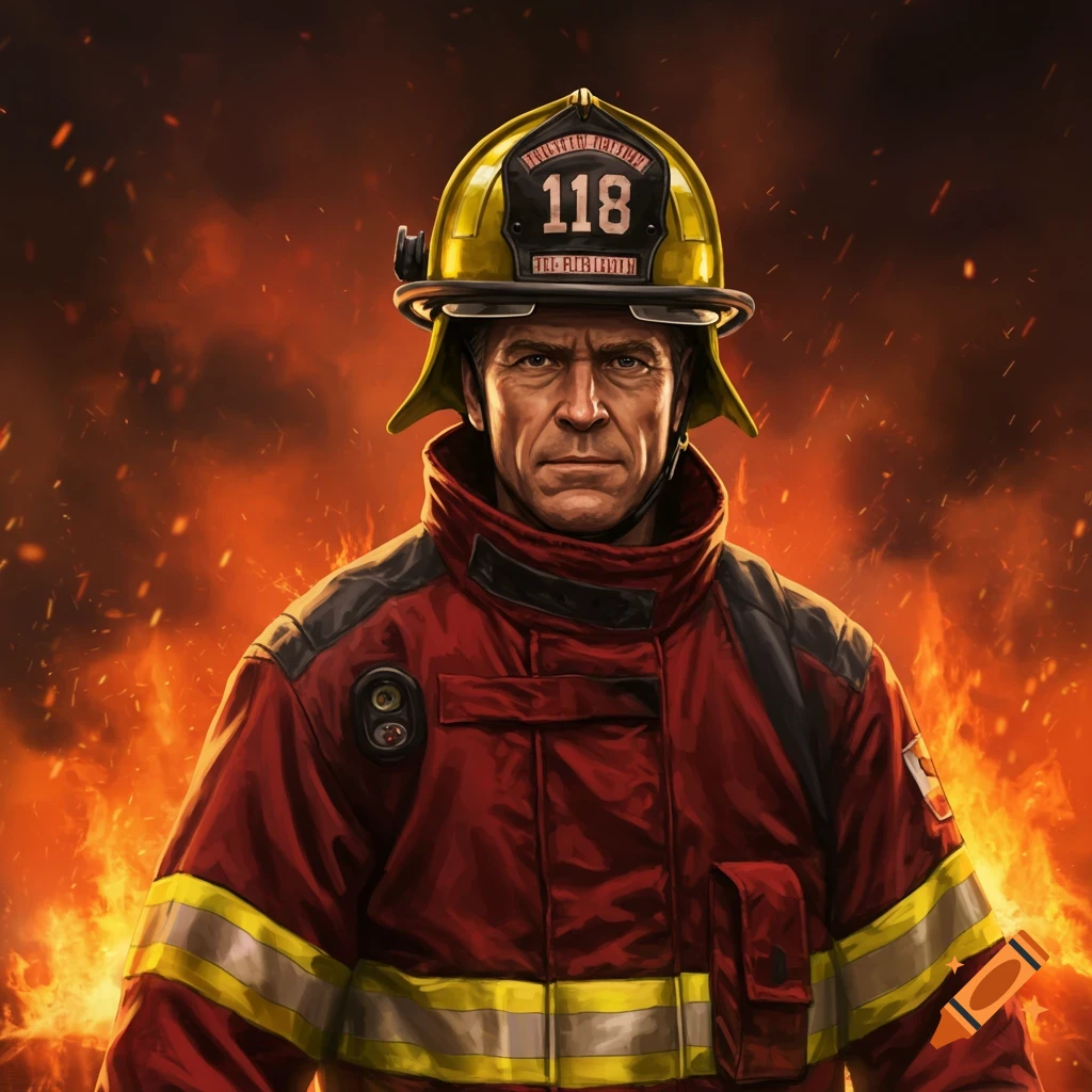 A firefighter in a yellow helmet and red gear stands in front of a large fire.