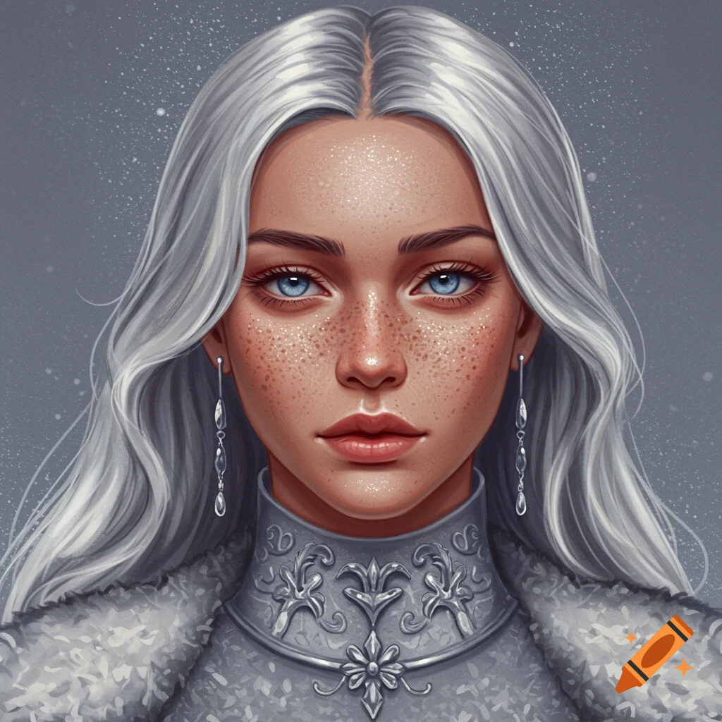 a woman with silver hair, blue eyes, and freckles, wearing silver armor and earrings against a gray background with snow.