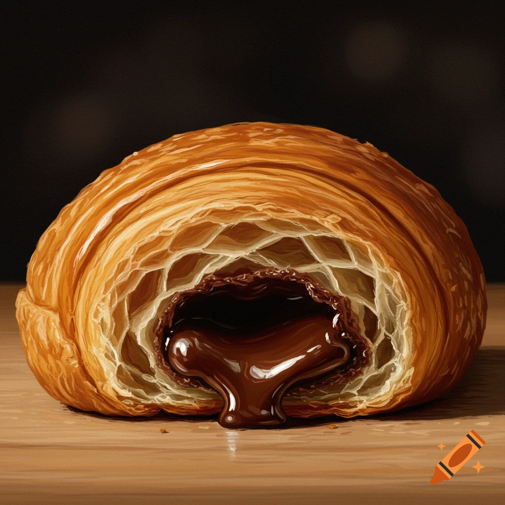 Close-up cross-section of a pain au chocolat with melted chocolate oozing out.