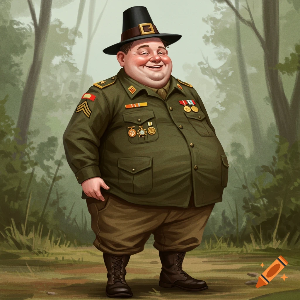 Illustration of a fat man in a military uniform and pilgrim hat standing in a forest clearing.