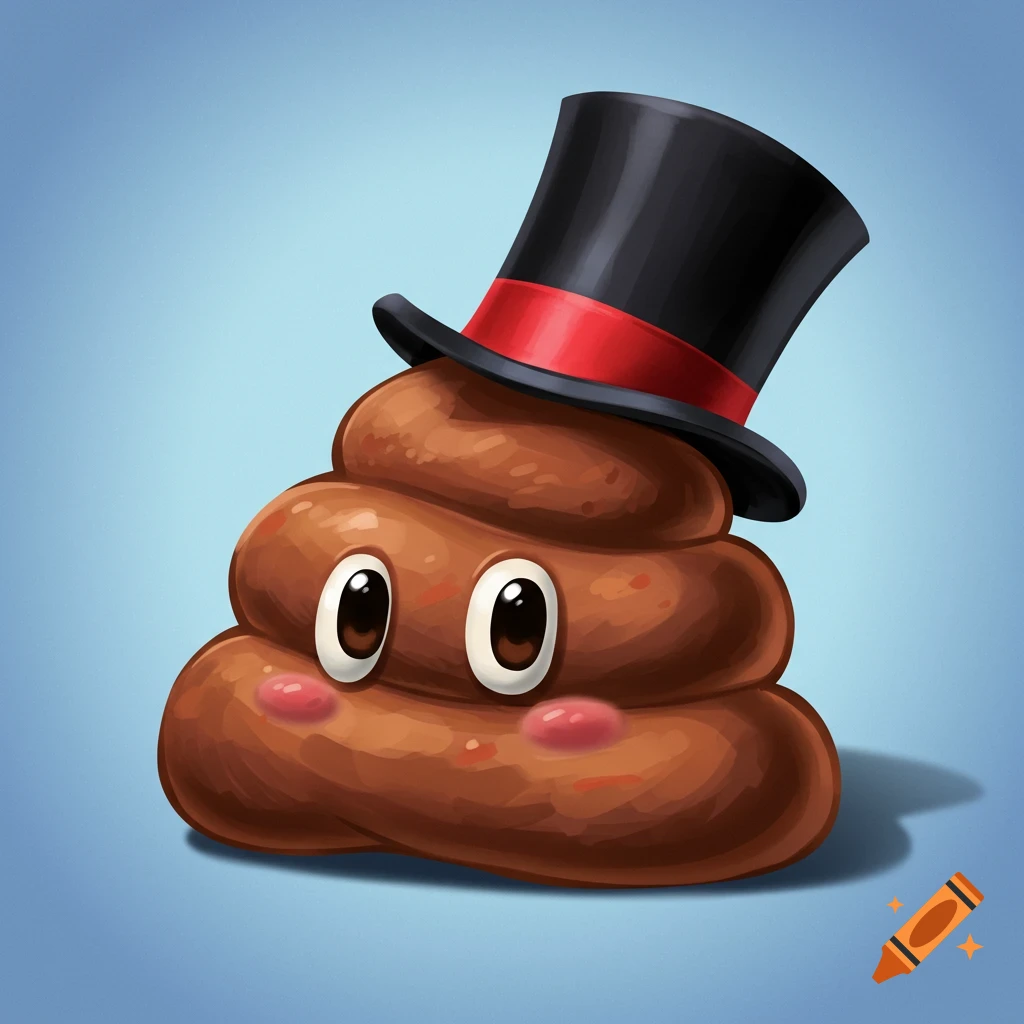 Cartoon poop wearing a top hat on a blue background