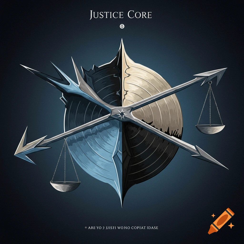 A stylized emblem with justice scales crossed with sharp blades, split into two halves, under the title Justice Core.