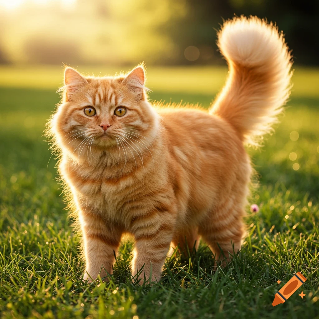 An orange cat stands in green grass, backlit by the sun.